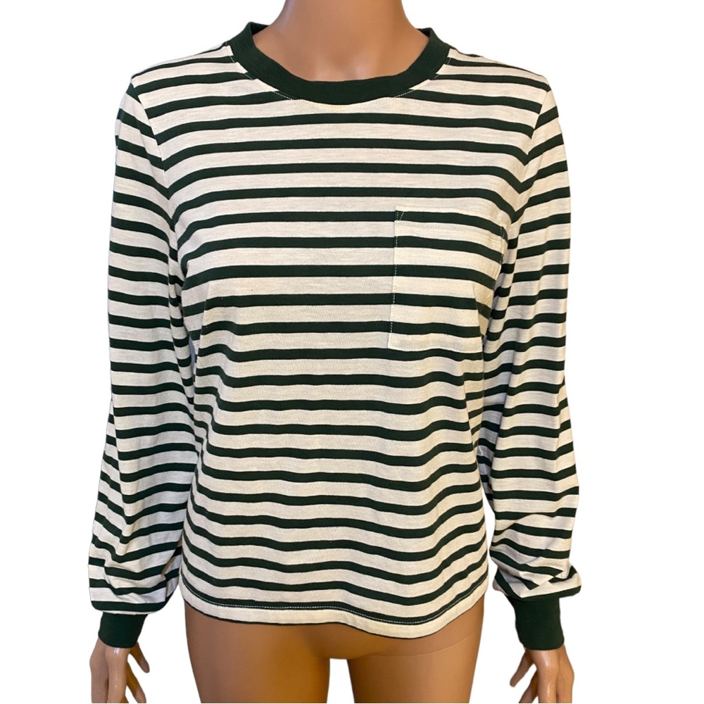 Madewell Dark Green and White Striped Long Sleeve Shirt